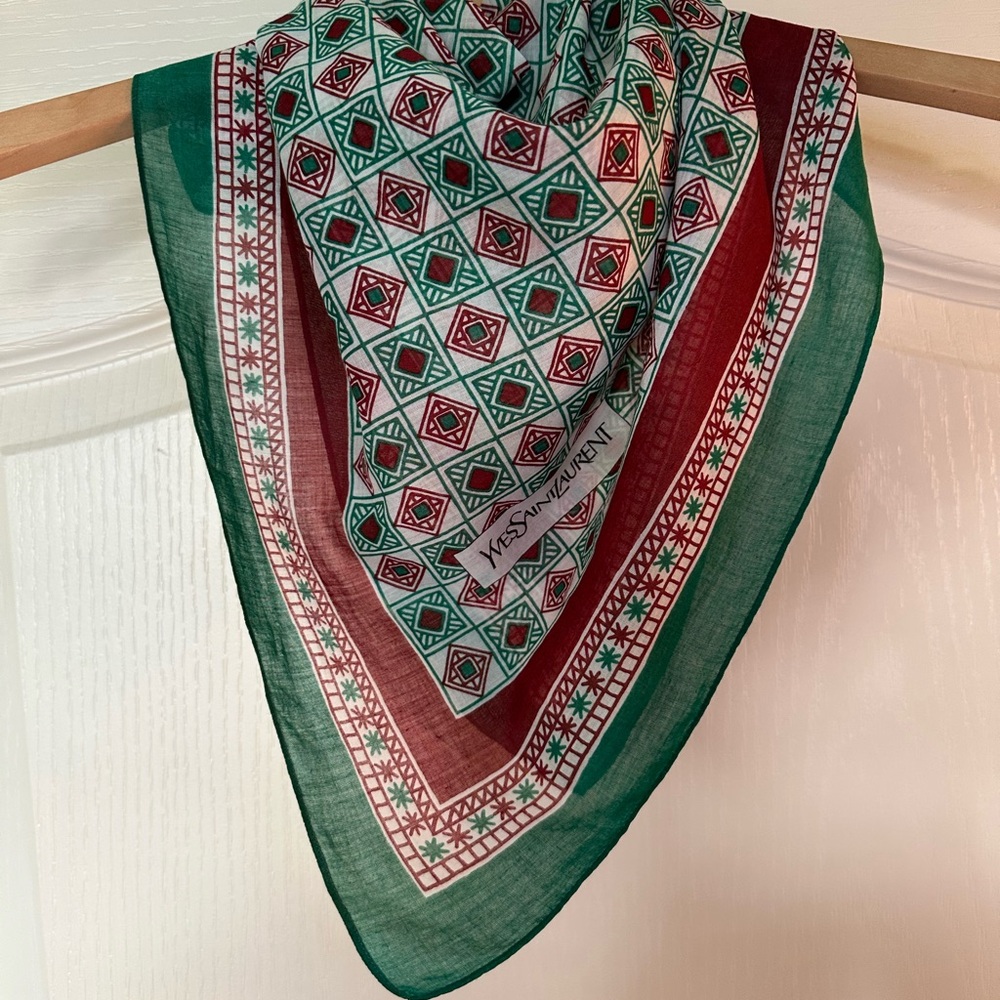 Yves Saint Laurent Burgundy and Green Vintage Patterned Scarf - Picture 9 of 11
